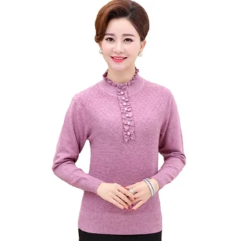 

Autumn Winter Women Half Turtleneck Knitted Sweater Pullover Middle Aged Mother Printed Diamond Plus Size Knitted Sweater F476