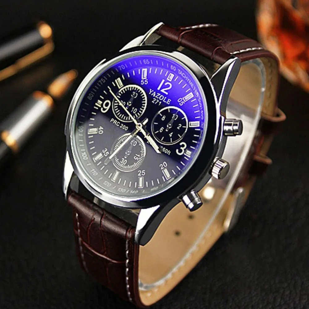 Модные искусственная кожа Мужчины Аналоговые кварцевые часы Blue Ray Мужские наручные часы мужские s часы лучший бренд Роскошные повседневные наручные часы