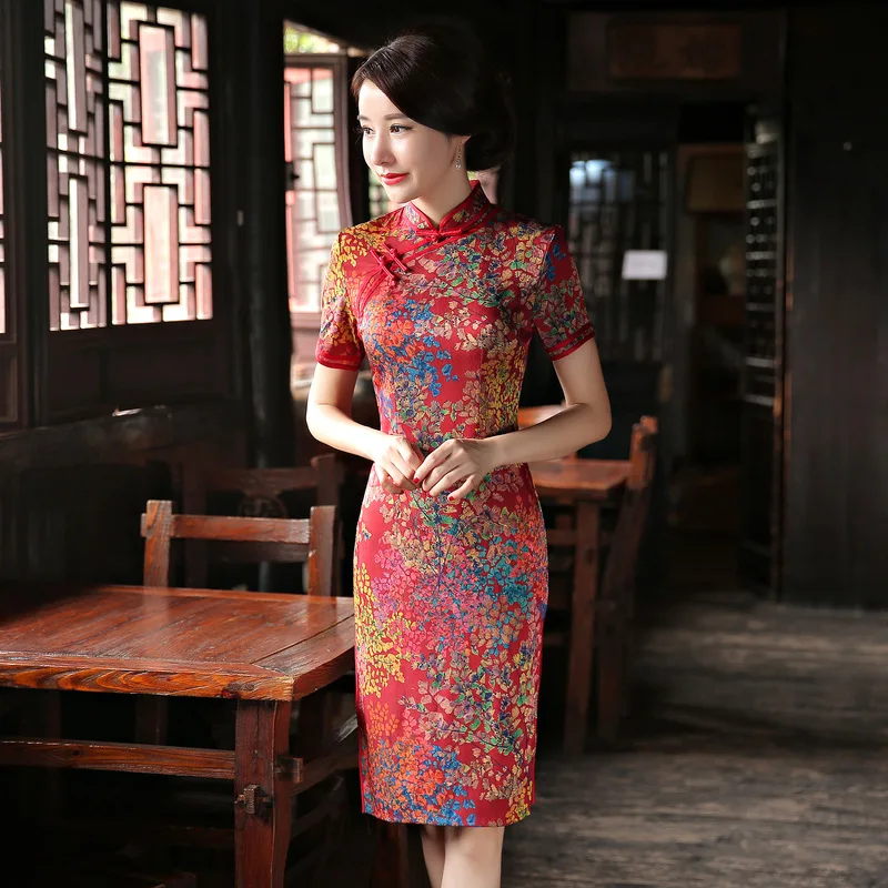 2018 winter women's satin cheongsam qipao Chinese oriental dresses traditional Chinese wedding dress retro slim evening dress  (2)