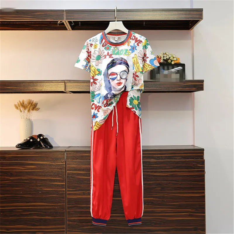 

CBAFU casual print tracksuit women's set mesh character T-shirt loose pants suit 2 piece set summer streetwear female set D764