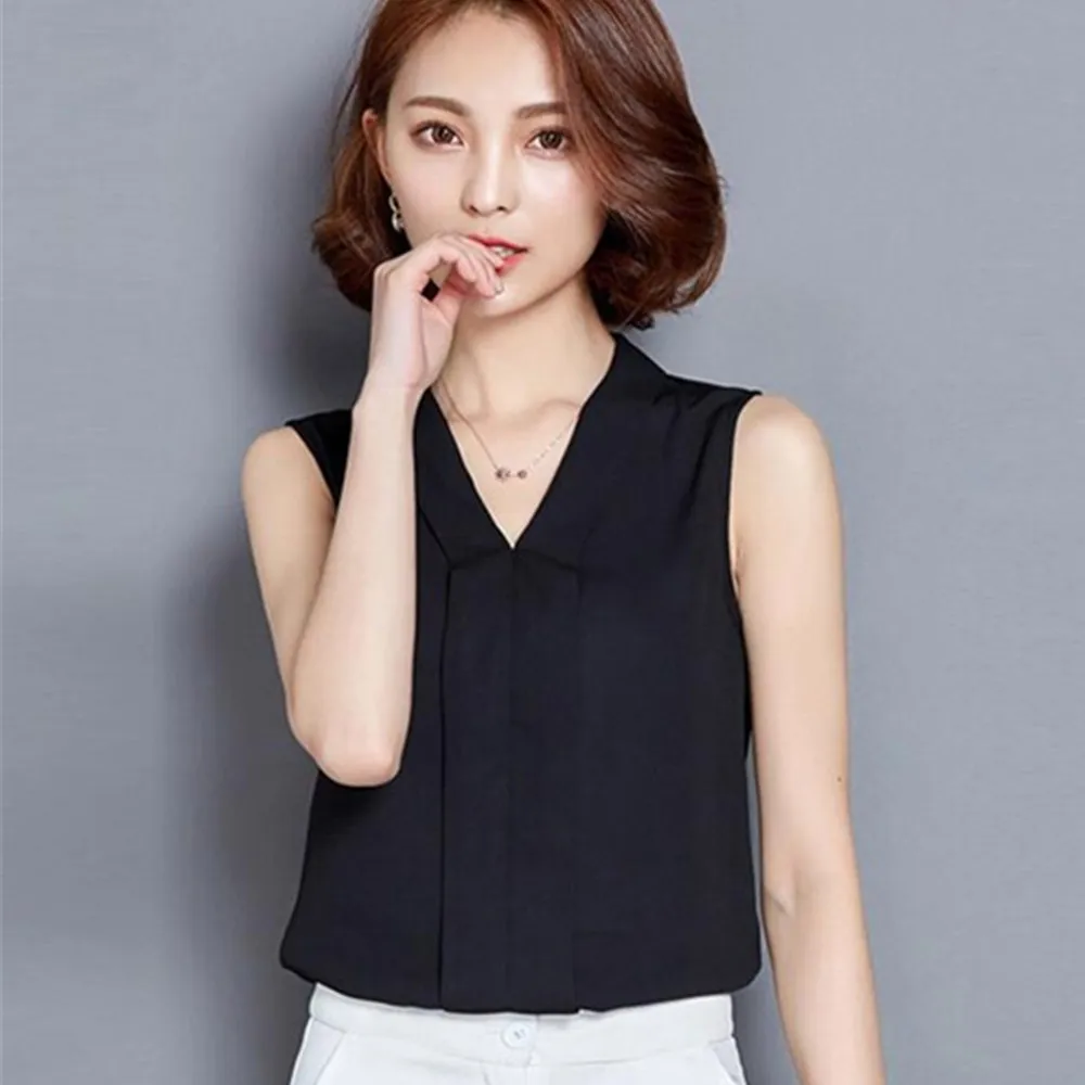 

Blusas Femininas New Women V Neck Solid White Blouse Sexy lady Sleeveless Blusa Fashion Blouses Shirt Black Tops