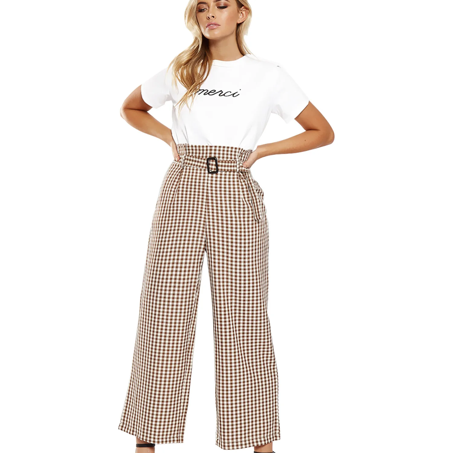 

Spring Autumn Women's Pants Plaid Belt Leisure Leg Ankle-Length Pants Casual Loose High Waist Pants