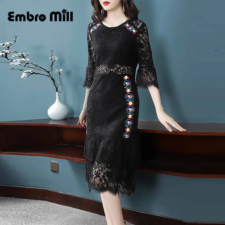 

High-end spring The New Classical O-Neck women Lace embroidery Fish tail Small bell sleeve dress slim Lady party dress M-XXL