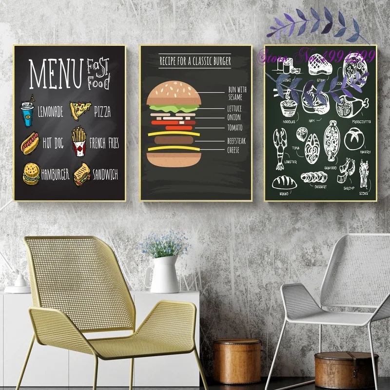 

Menu Fast Food Classic Burger Poster Canvas Art Print Home Decor