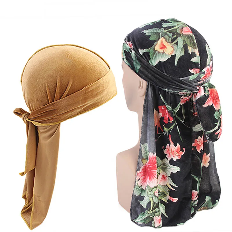 

Plain and print velvet durag 2pcs set Unisex Men Women Breathable Bandana Hat velvet Durag do doo du rag