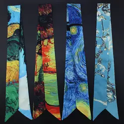 Ван Гог масляный шарф с рисунком Новая тонкая узкая лента шелковая симпатичная художественная шелковая лента художественный и