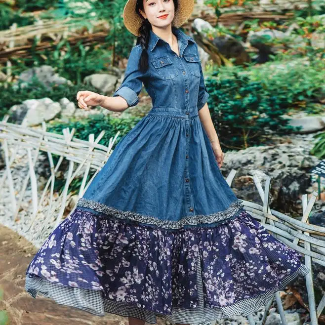 

Spring Summer Vintage Bohemian three quarter Sleeve Belt Scarf Floral Print Chiffon Patchwork Plus Size Denim a-line dress