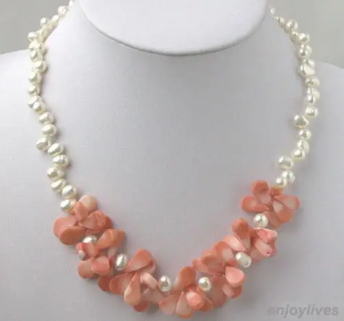 

Miss charm Jew.777 Real Freshwater White Pearl Pink Coral Pendant 18KWGP Clasp Necklace
