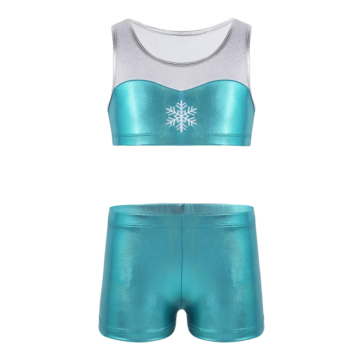 

2Pcs Gymnastics Body Suit Girls Snowflake Embroidery Tank Top with Shorts Set Dance Costume Tops Pants Ballet Practice Clothes