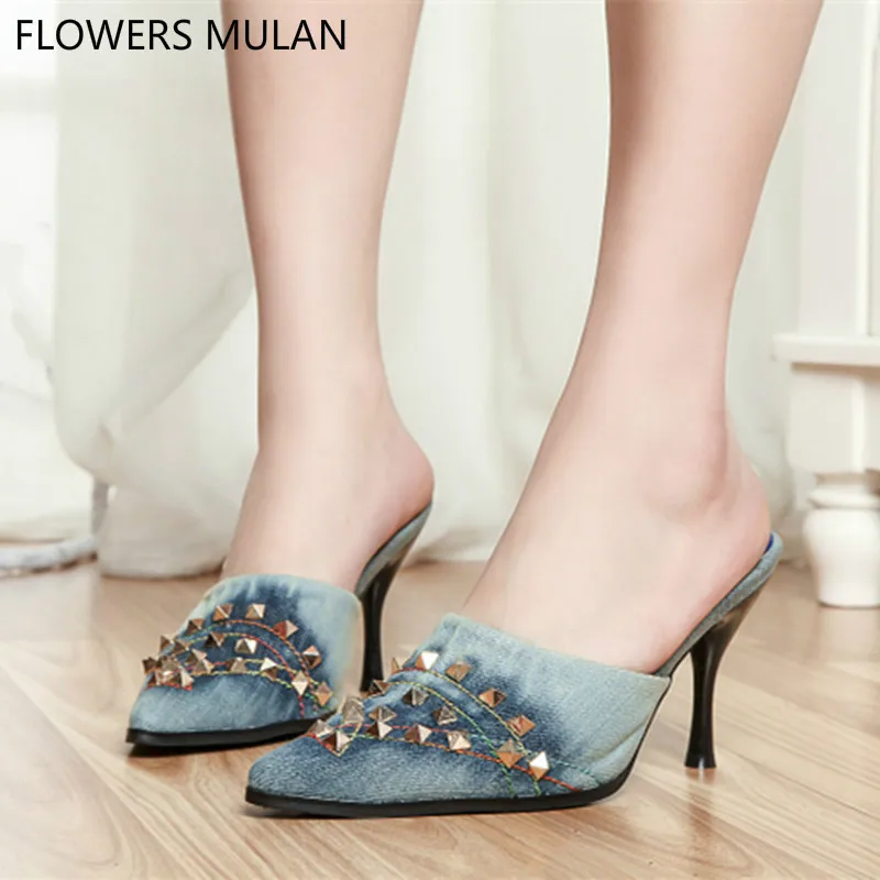 

Denim Decorative Studded Blue Jeans Sandals Metal Stiletto Shoes Woman Pointed Toe High Heels Mules Slippers Pumps Lady Shoes