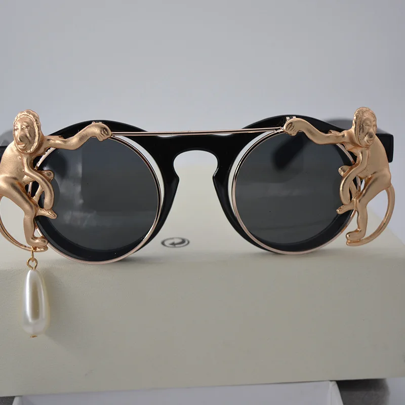 Lady-Metal-Gold-Monkey-Baroque-Sunglasses-Brand-Metal-Retro-Leopard-Frame-Beach-Metal-Chain-Pearl-Round