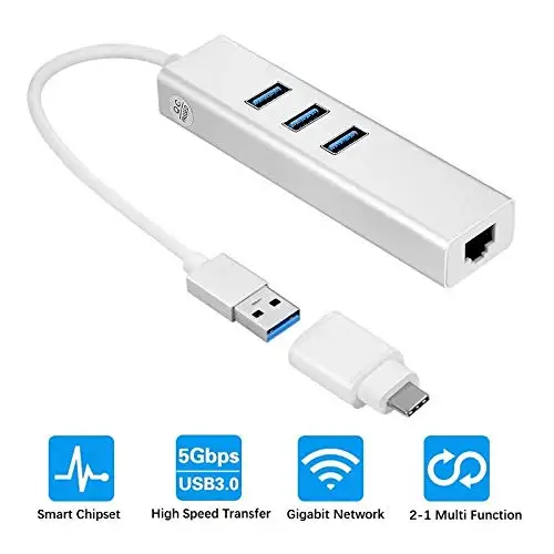 2-в-1 USB-C Gigabit Ethernet адаптер с 3 Порты и разъёмы USB3.0 концентратор Heavy Duty Unibody Алюминий USB сетевой адаптер для MacBook Pro