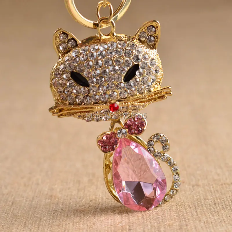 Newest 3D  Pink Crystal Cat  keychain  3pcs for women girls 