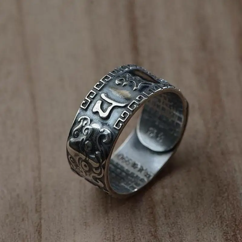 990 чистое серебро санскрит Ом мантровые кольца для мужчин и женщин Выгравированные шесть слов Pixiu сердце Сутра буддийские ювелирные изделия с изменяемым размером