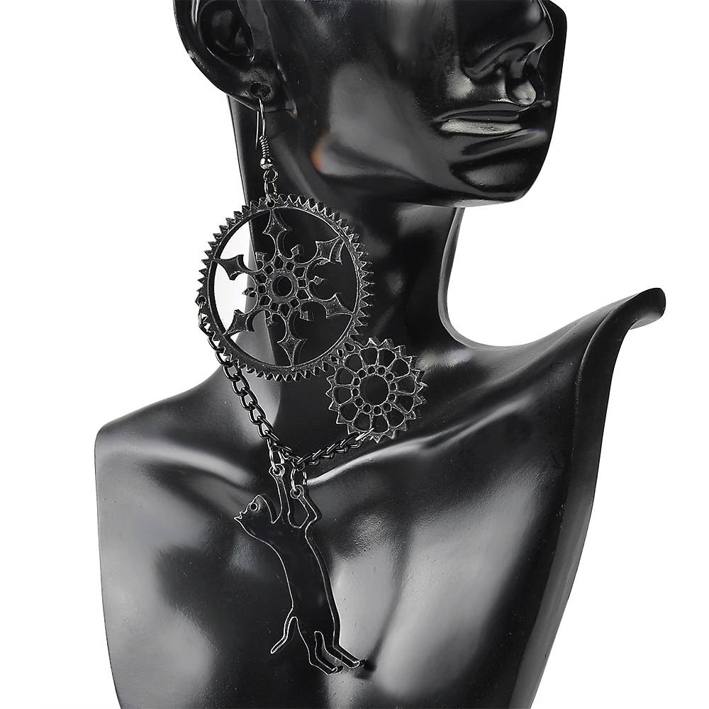 Creative Women Girl Gear Cat Shape Black Dangle Drop Earring Punk Fashion Earring Jewelry