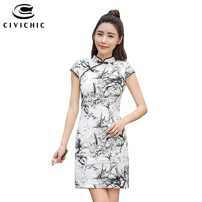 

CIVICHIC Women Black White Ink Bamboo Print Chinese Cheongsam Retro Spring Summer Autumn Slim Short Qipao Elegant Dress QP109