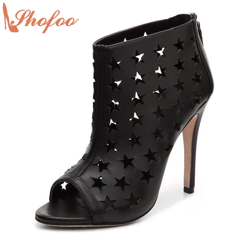 

Shofoo Fashion Luxury Shoes Brands Women 2017 Black Leather Summer High Heels Ankle Boots For Woman With Star Sharp Size 43