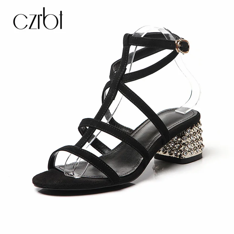 

CZRBT 2018 Summer Women Pumps Sandals Gladiator Women Sexy Crystal Sandals Natural Suede Open Toe Slingback Black Women Shoes