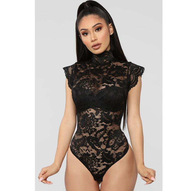 

2019 Lace Bodysuit Women Sexy Bodysuit Jumpsuit Sheer See Through Romper Sleeveless Turtleneck White Black Red Bodysuit Top