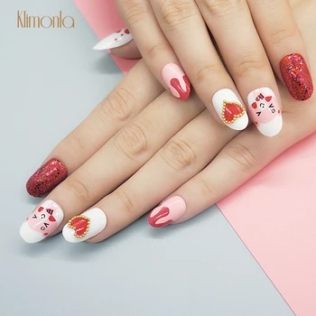 

24pcs Red Heart Smile False Nail Tips 3D Glitter Metal Fake Nail Full Cover Adhesive Faux Ongles Manicure Beauty Tools