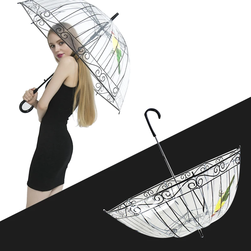 

1PCS Plastic EVA Transparent Rain Umbrella Cute Bird Cage Parasol Long-handle Rainy Clear Bubble Umbrellas For Women Parasol