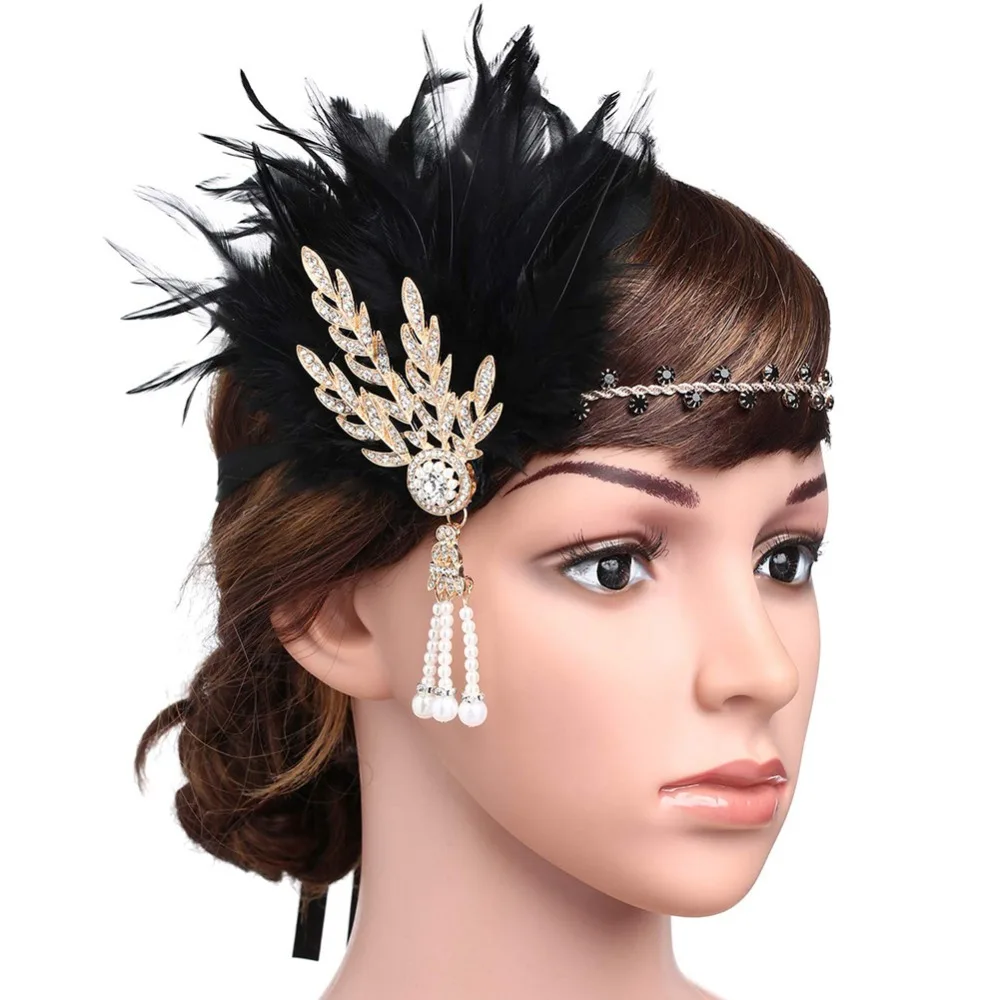 Арт-деко 1920's Flapper Great Gatsby Вдохновленный лист медальон обруч жемчужный черный перо(золото и черное перо