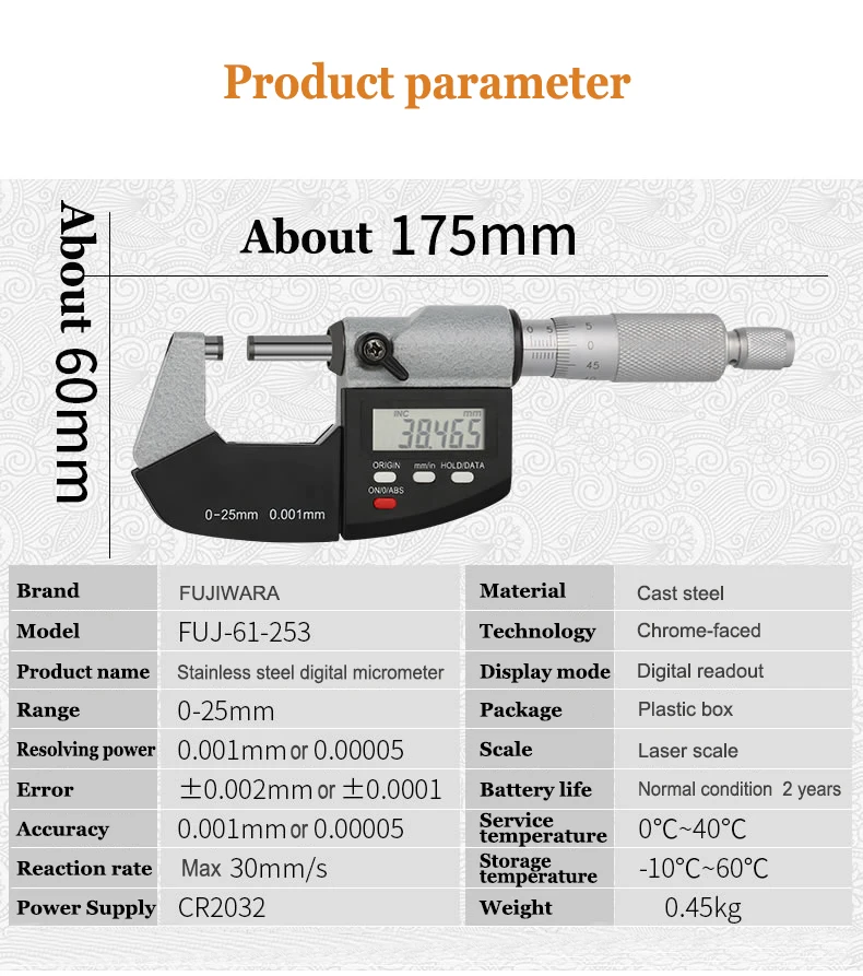 FUJIWARA промышленный цифровой микрометр 0-25 мм Винт микрометр внешний микрометр измерительный суппорт