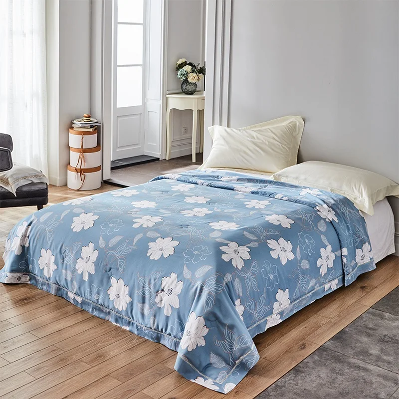 

Blue Summer Quilt blanket Duvet queen king size bedlinen 100% Satin Cotton Outer Cover floral Soft silk feeling Smooth Throw