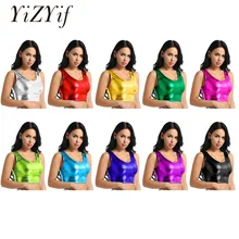 YiZYiF Womens Shiny Crop Top Clubwear Metallic Scoop Neck Tank Vest Bustier Blouse Shirt Bikini Croped Tops Bra Sexy Lingerie