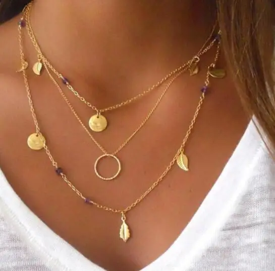 

Simple New Silver Color chain leaves multi layer pendant necklace for women gift Collier femme fashion jewelry 2018 Gold Color