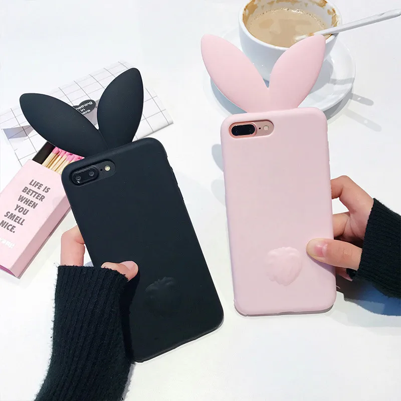 LUDI 3D Cute Rabbit Ear Case For iPhone X 8 7 plus Soft Silicon For iPhone 6 6s 6/6splus 5 5S SE Cute Pink & Black Girl Cover 12