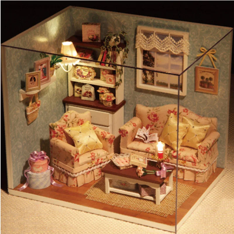 Cute Light Blue Kids Wooden Christmas Doll Houses Furniture Miniatura DIY Doll House Girls Living Room Decor Craft Toys Cute Light Blue Kids Wooden Christmas Doll Houses Furniture Miniatura DIY Doll House Girls Living Room Decor Craft Toys