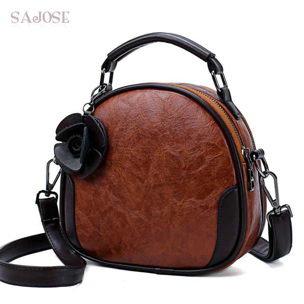 

Women Vintage Shoulder Bag High Quality PU Leather Handbags Lady Designer Fashion Brown Round Flower Women's Messenger Bags