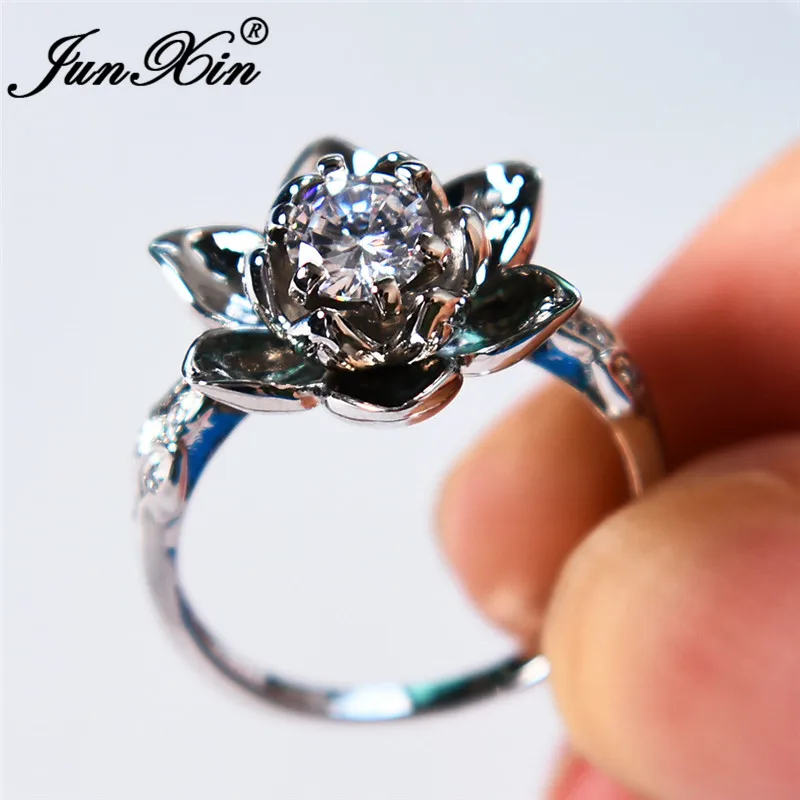 

JUNXIN Charm Lotus Flower Female Ring 925 Sterling Silver Filled Real Zircon Inlay White Rings For Women Engagement Jewelry Gift