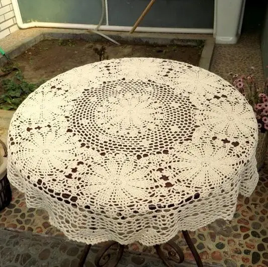 

2017 Hand Crochet Lace Round Table Runner Table Cloth White Cotton Wedding Home Decor Knit Flower Tablecloth Cover Beige White