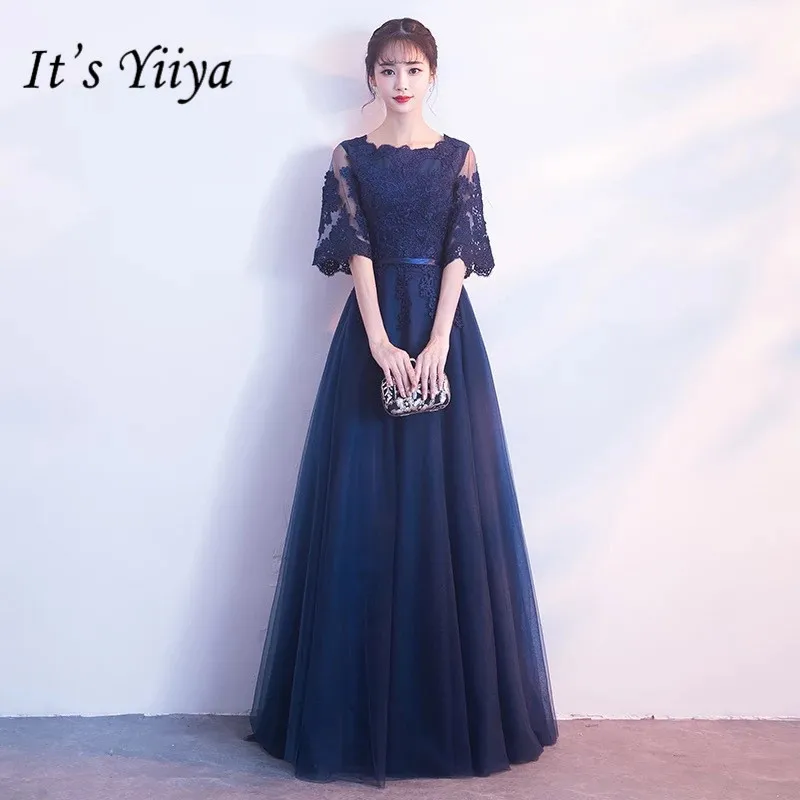 Это YiiYa Однотонная одежда О-образным вырезом Половина рукавом Кружева платья невесты элегантные с расклешенными рукавами трапециевидной