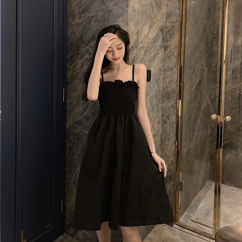 

fashion brand a-line summer England style black spaghetti strap off shoulder knee-length dress Women's Clothing party dresses