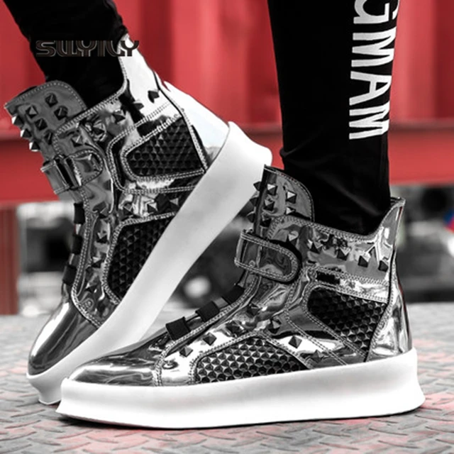 Best Price SWYIVY High-top Men's Skateboarding Shoes Rivet Mirrior Reflective 2018 New Autumn Black&Silver Height Increasing Male Sneakers Best Price SWYIVY High-top Men's Skateboarding Shoes Rivet Mirrior Reflective 2018 New Autumn Black&Silver Height Increasing Male Sneakers