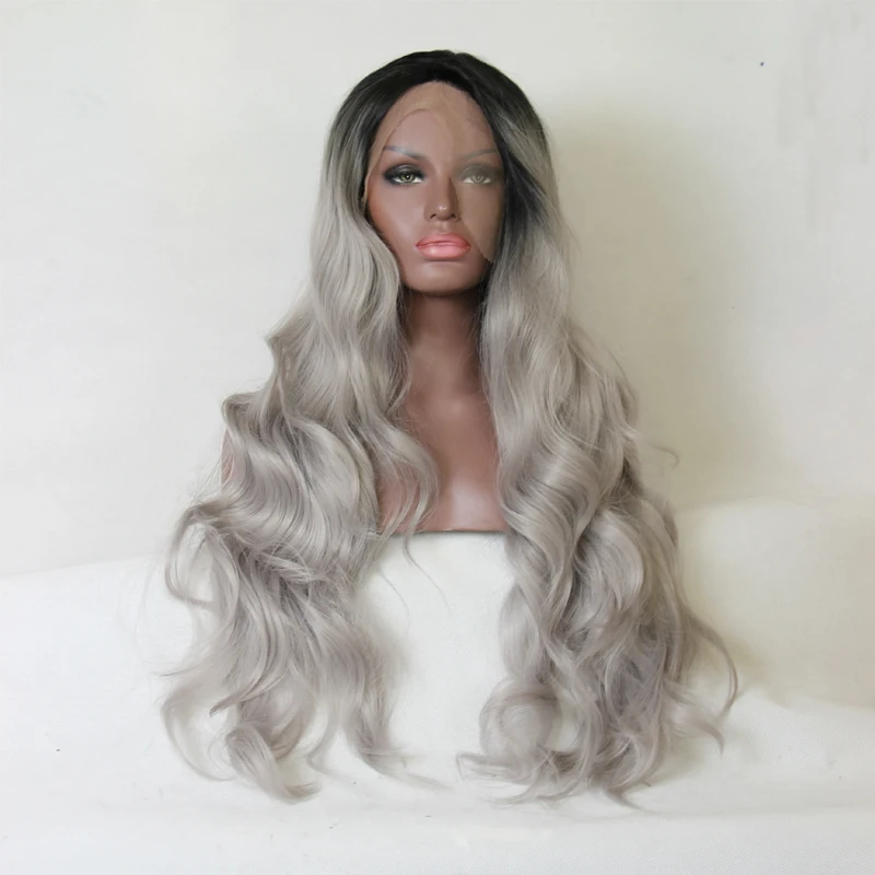 Fashion Ombre Silver Grey Bodywave Synthetic Lace Front Wig Glueless Long Natural Black/Gray Heat Resistant Hair Wigs For Women