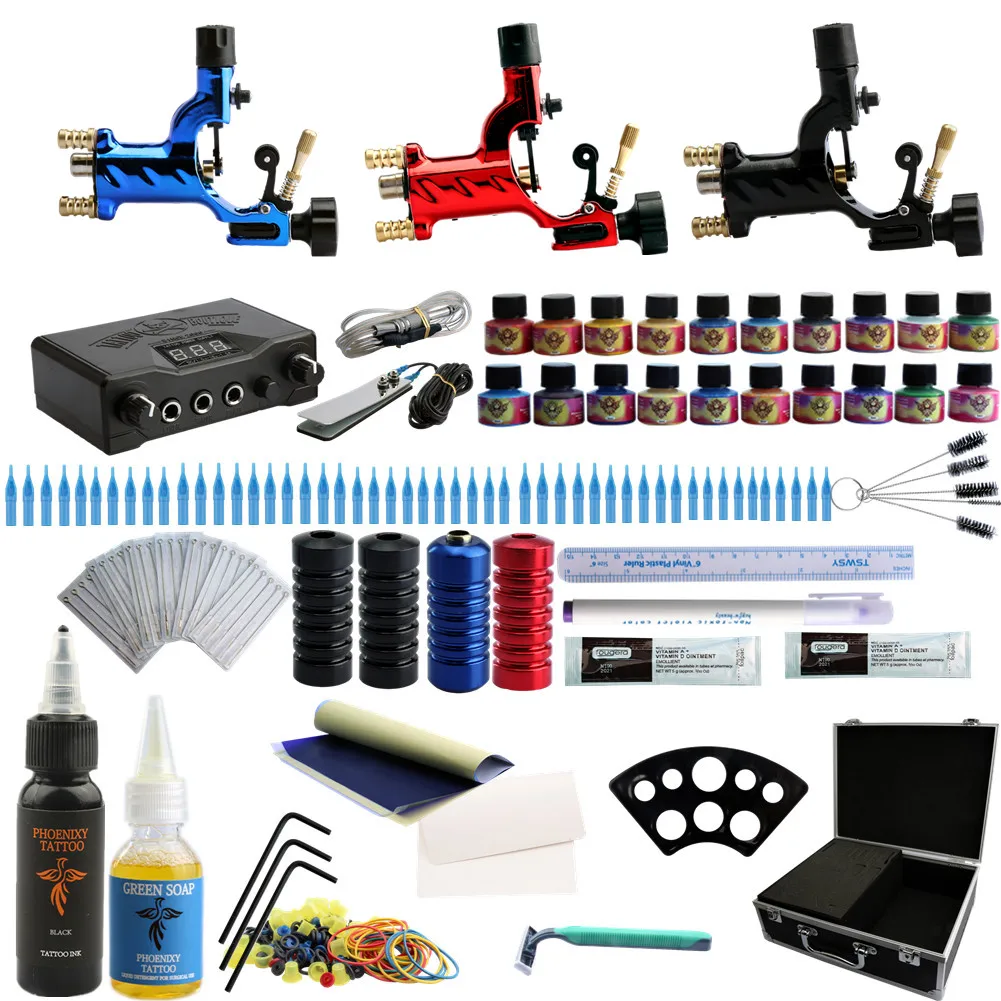 Complete Tattoo Kit 3 Rotary Tattoo Machine Guns Set 20 Colors Inks