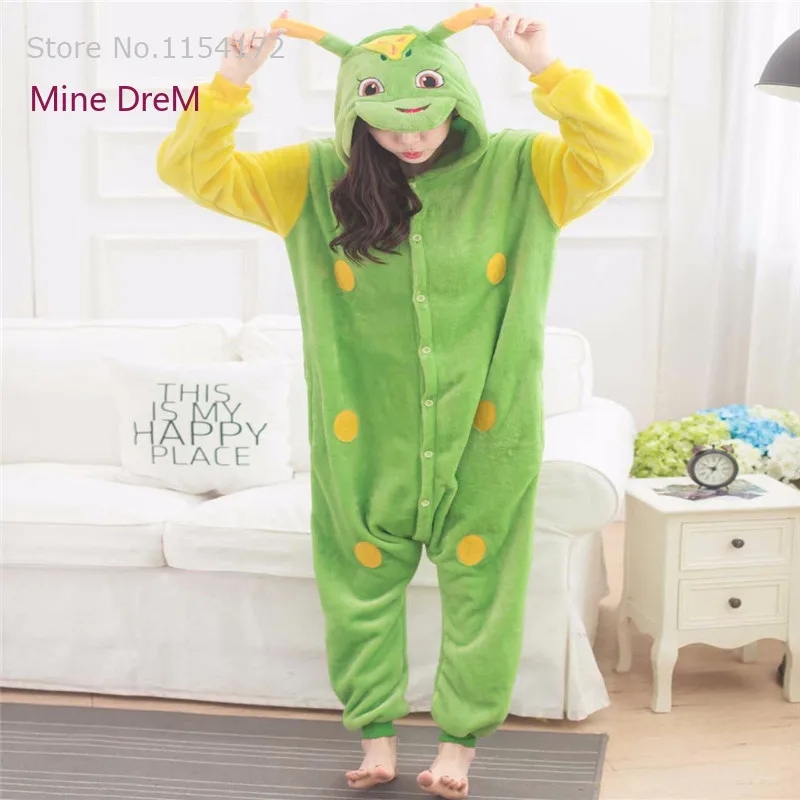 

Cute green Worm animal Pajamas unisex flannel hood Pyjamas adults clothes anime party Onesies sleepwear rompers cosplay costume