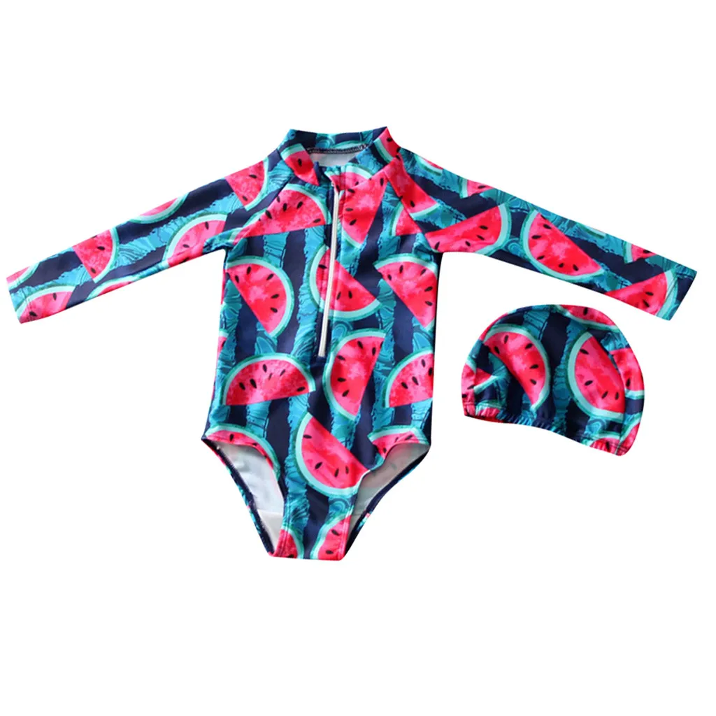 

Children Swimwear for Girls Polyester One Piece Swimsuit Bathing Suit Bikini Beach Long Sleeve Fruit Print Swimsuits sets K417