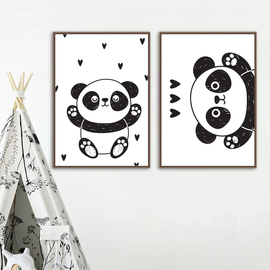 Lovely Panda Wall Art Canvas Painting Black White Cartoon Nordic Posters And Prints Canvas Picture Kids Baby Room Bedroom Decor
