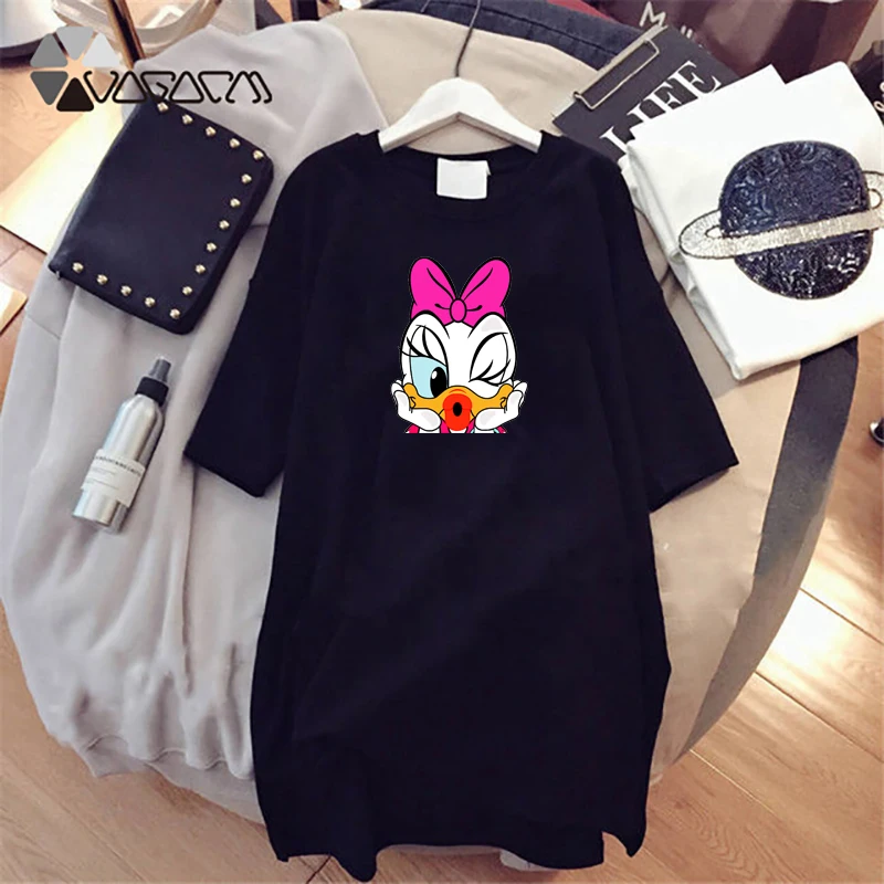 Summer Women Dresses Daisy Duck Cartoon Print Dress Loose Women Plus Size Mini Cute Dress Casual Fashion Short Sleeve