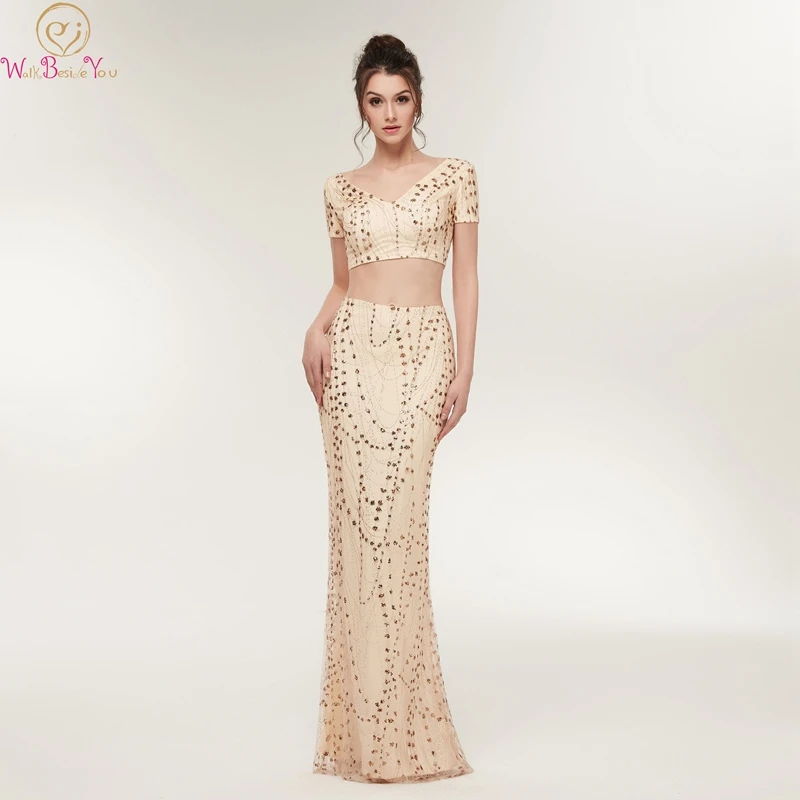 

Champagne Prom Dress New Design Two Pieces V-neck Sexy Mermaid Floor Length Short Sleeves Satin With Beading Crop Top Prom Gown