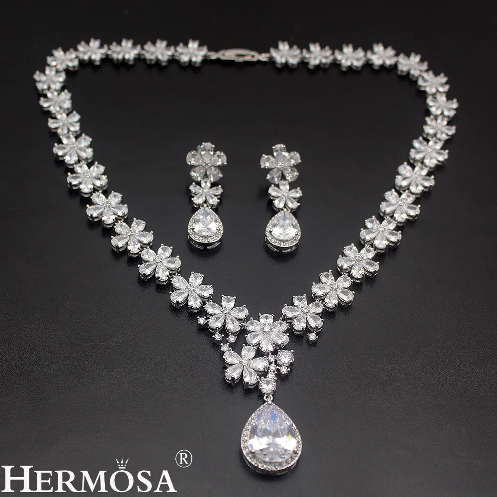 Последний Дизайн Романтические свадебные украшения набор стерлингового серебра 925 свадебное ожерелье цветок серьги Идеальный Блестящий ж... Последний Дизайн Романтические свадебные украшения набор стерлингового серебра 925 свадебное ожерелье цветок серьги Идеальный Блестящий ж...