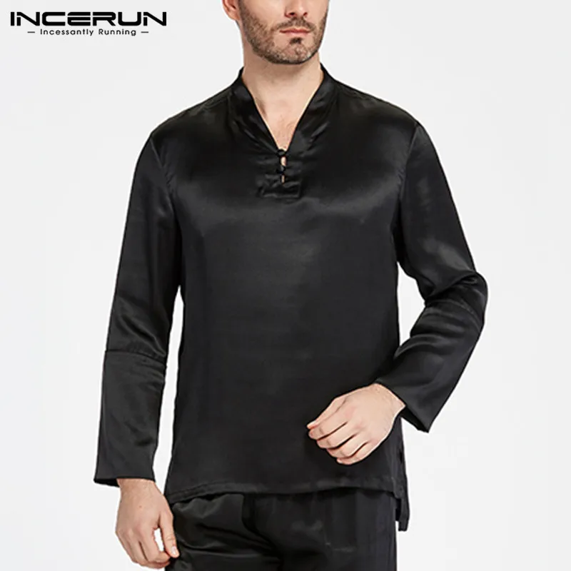 INCERUN Plus Size Silk Satin Men Payamas Sleep Tops Long Sleeve V-neck Tee Shirt Solid Color Fashion Homewear Soft Men Sleepwear