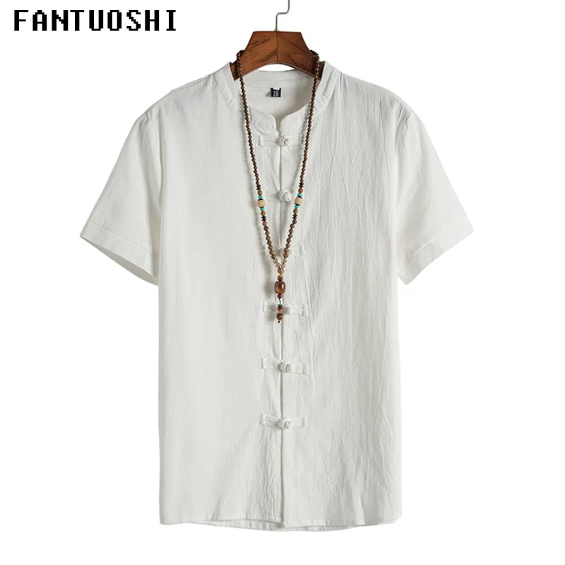 

2019 Summer New Casual Shirts Men Breathable Pure Linen Slim Short Sleeve Fit Stand Thin Shirts Brand Clothing White 3XL
