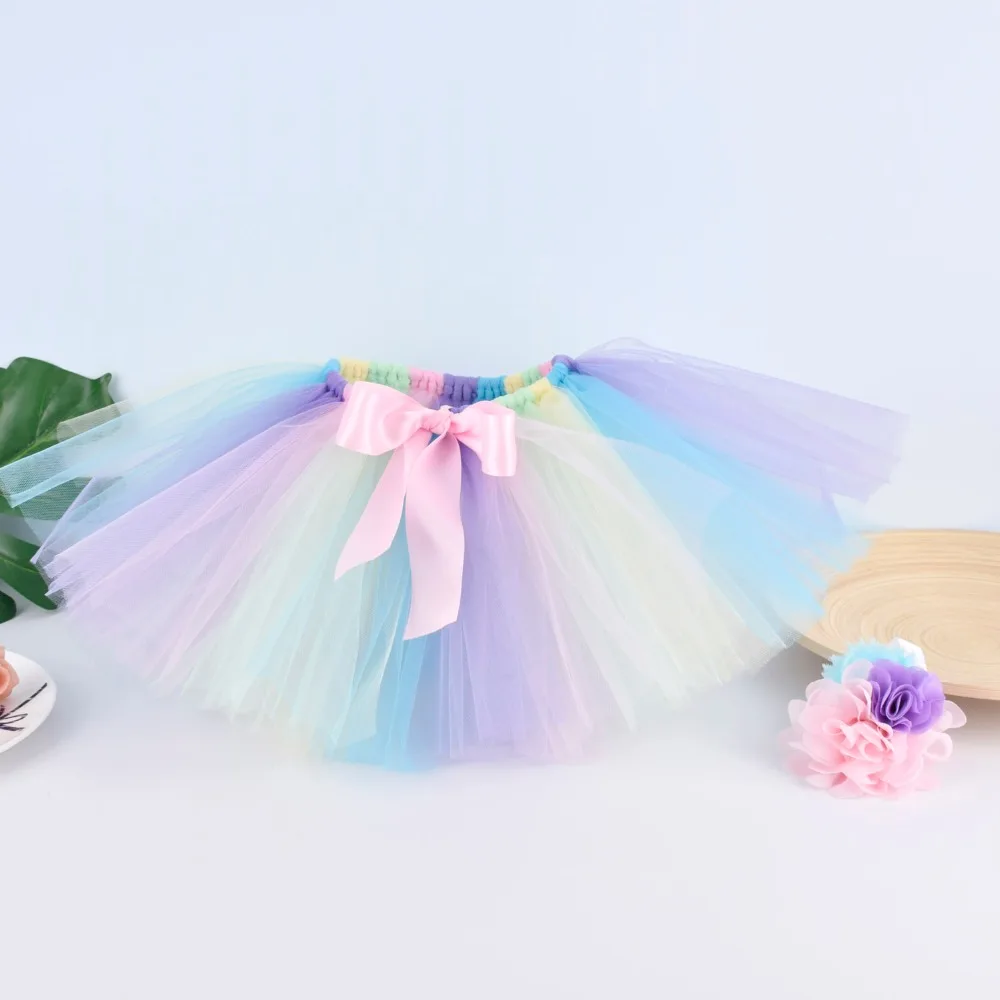Пастельная Радужная пушистая юбка-пачка для маленьких девочек, фатиновая юбка для дня рождения с единорогом, праздничный костюм реквизит для фотосессии, повязка на голову с цветами