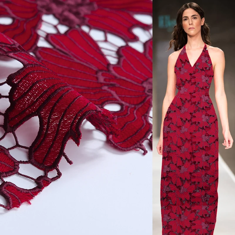 

Free shipping 2009 New Fashion Pure Color Mid-Hard Lace Hollow-out Air-permeable Red Lace Embroidery Summer Fashion fabrics